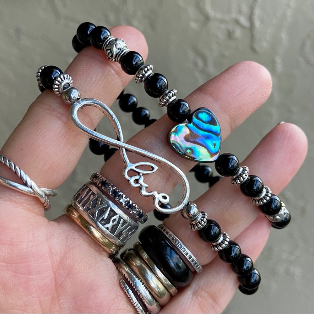 Onyx , infinity love  sign & abalone shell heart